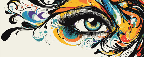 Wall Mural - Abstract colorful eye with artistic swirls and splashes in vivid detail.