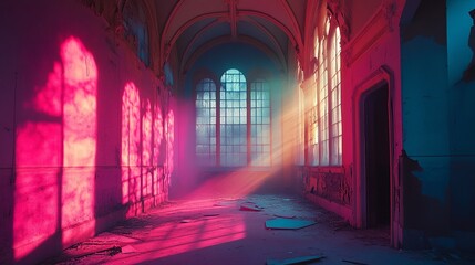 Wall Mural - a vibrant interplay of light and color fills the abandoned room. shadows dance across the walls. cap