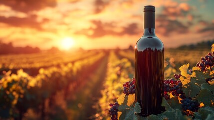 Poster - A bottle of red wine is placed among lush grapevines as the sun sets, casting a warm golden glow over the vineyard, creating a serene and picturesque atmosphere.