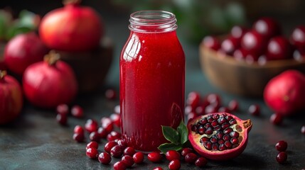 Aufkleber - Freshly pressed pomegranate juice is served in a clear glass bottle, surrounded by ripe pomegranates and cranberries creating a vibrant display on a dark surface.