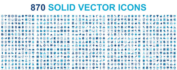 Fototapete - Mega set of vector solid icons. Contains such icon collection as marketing, business process, commerce, learning, shopping, industry, customer service, branding, analytics. Duotone pictogram pack.