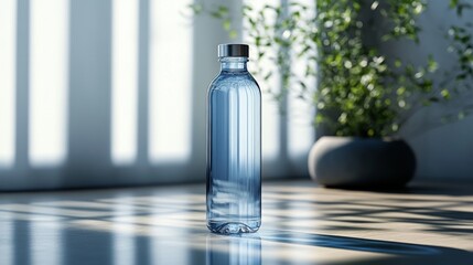Poster - A clear water bottle rests on a shiny wooden floor, surrounded by natural light coming through blinds. A green plant adds a fresh touch to the contemporary space.