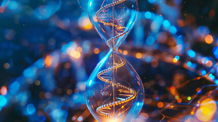 Poster - This Advanced genetic mods are shown with an hourglass and DNA, emphasizing youth prolongation.