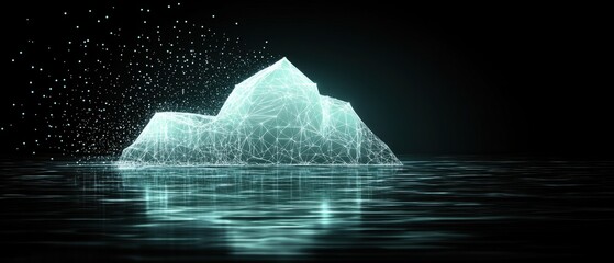 Wall Mural - digital iceberg floating on dark water surface with glowing particles and network connections in a f