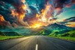 © prapatsorn - Surreal Sunrise Landscape: Green Mountains, Asphalt Road & Cloudy Sky - Copy Space