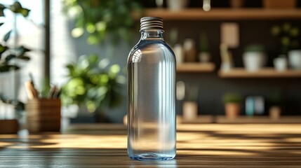 Poster - A clear water bottle is positioned on a wooden table. The background features shelves with various plants, creating a refreshing and bright atmosphere in the daylight.