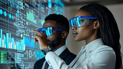 Poster - Two business professionals in smart attire use augmented reality glasses to analyze data visualizations in a high-tech environment, showcasing the intersection of business and technology.