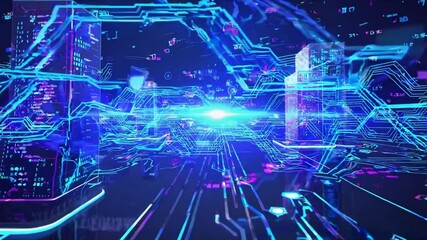 Wall Mural - seamless loop futuristic digital network visualization with blue circuit patterns reflecting advance
