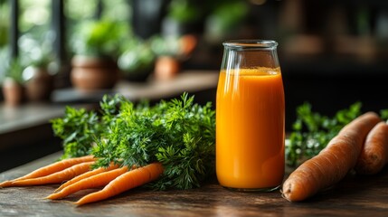 Aufkleber - Vibrant orange carrot juice is served in a glass, surrounded by fresh carrots and green herbs on a rustic wooden table in a cozy cafe environment.