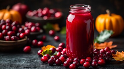 Aufkleber - Freshly made cranberry juice sits in a jar surrounded by vibrant cranberries, autumn leaves, and decorative pumpkins, capturing a cozy fall atmosphere.