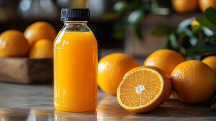 Aufkleber - A bottle of vibrant orange juice sits beside whole oranges and a sliced orange on a wooden table. The bright color and fresh ingredients evoke a healthy lifestyle.