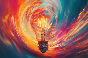 Poster - Bright light bulb emitting vibrant colors in a surreal atmosphere during nighttime