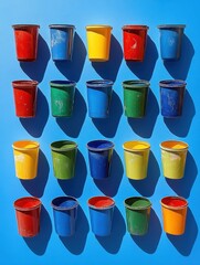 Wall Mural - colorful array of vibrant paint buckets casting shadows on a bright blue wall creating a playful and