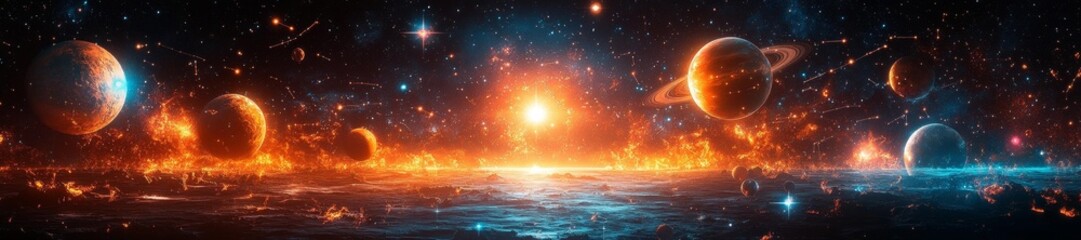 Wall Mural - Cosmic Scene with Fiery Planets and Celestial Orbits. Generative AI