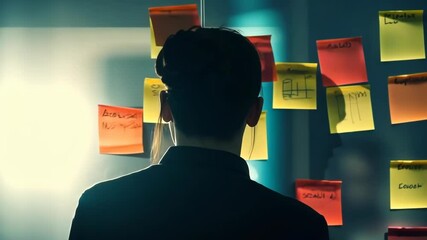 Poster - A skilled professional analyzes colorful sticky notes on a glass wall, illustrating brainstorming and strategic planning in a vibrant business environment that promotes innovation and teamwork