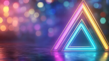 Wall Mural - neon triangle: a glowing neon triangle illuminates a blurred background with an array of colorful bo