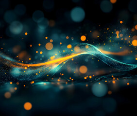 Wall Mural - a bioluminescent wave of light, glowing in teal and orange against the dark background, creates an e