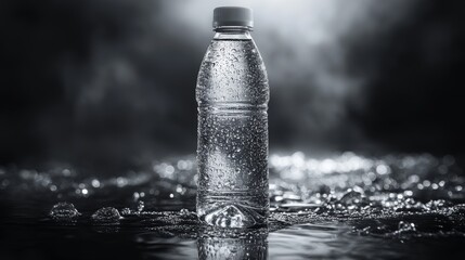 Leinwandbilder - A water bottle stands prominently in a foggy environment, glistening with droplets. The dark background enhances the texture of the bottle and the mystery of the atmosphere.