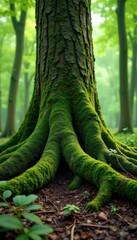 Wall Mural - roots and trunk of deciduous tree covered with moss, forest floor plants, tree roots, natural world