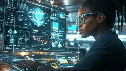 Poster - A dedicated professional analyzes complex data on advanced screens, emphasizing technologys role in enhancing decisionmaking in a modern workspace and improving business operations