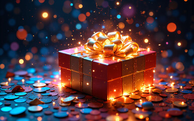 Wall Mural - a bright red gift box tied with a gold ribbon is illuminated against a dark backdrop filled with bok
