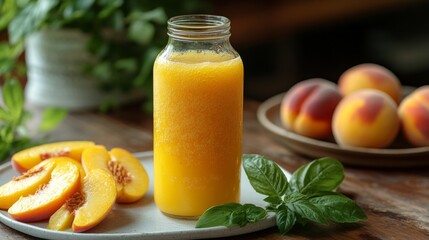 Aufkleber - A clear glass jar filled with bright peach juice stands next to sliced peaches on a plate. Whole peaches rest in a bowl in the background, enhancing the fresh and natural feel.