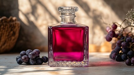 Aufkleber - A striking glass bottle filled with vibrant colored liquid is placed next to a bunch of fresh dark grapes. Natural light highlights the rich hue and textures of the scene.