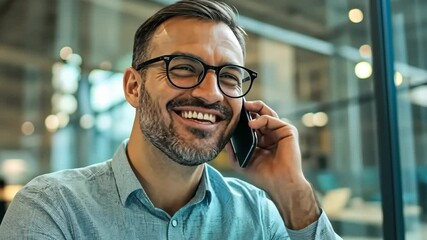 Poster - In a trendy office, a confident man smiles during a business call, blending modern technology and communication skills, showcasing his standout presence in the corporate world and essence of teamwork