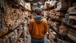 © orendesain99 - Man Exploring a Lumber Warehouse, Stacked Wood, Carpenter, Lumberyard, Woodworking