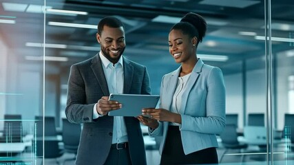 Poster - Two professionals in a modern office analyze data on a tablet, showcasing collaboration and technologys role in todays fastpaced work environment focused on productivity and teamwork
