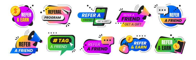 refer a friend badges vector set. referral program stickers or speech bubbles with smartphone, louds