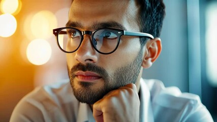 Poster - A focused young man in stylish glasses contemplates technology advancements in a modern office, embodying innovation and collaboration that drive success in todays competitive business landscape