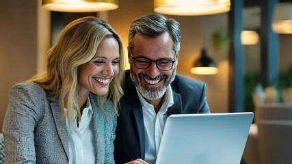 Poster - In a vibrant office, a professional duo engages with a laptop, experiencing joy in discovery. The bright ambiance enhances their collaboration in the fastpaced business and technology realm