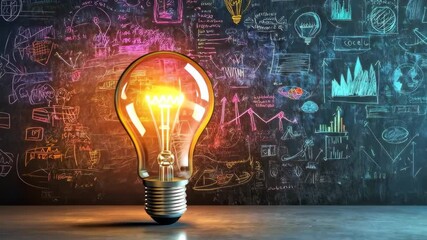 Poster - A glowing light bulb symbolizes innovation, shining among business graphs and technical sketches, representing the dynamic ideas driving growth and insight in modern business practices