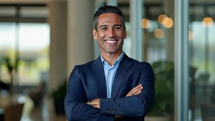 Poster - In a modern office, a confident business professional stands with arms crossed, radiating positivity and professionalism, amid sleek glass structures and vibrant greenery that enrich the environment
