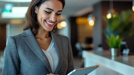 Poster - A confident businesswoman in a stylish suit skillfully uses a tablet in a modern reception, embodying the fusion of technology and professional environments with efficiency and elegance