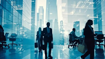 Poster - In a dynamic office, professionals engage in discussions and brainstorming, using cuttingedge technology, all while inspired by a stunning cityscape that fosters collaboration and creativity