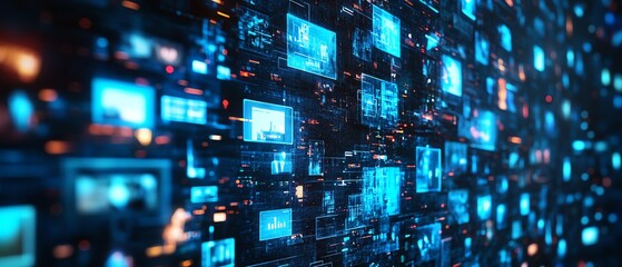 Network of digital screens displaying professionals in technology and media on a dynamic blue background