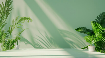 Fototapete - Green room empty copy space background with palm leaves and sunlight beams summer cozy warm mock up. green calm cozy minimalistic background