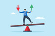 © VZ_Art - Flat illustration of investor balance on seesaw holding arrow of loss and gain symbolizing investment risk