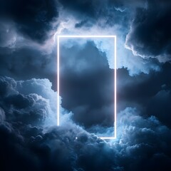 Wall Mural - Neon rectangle between colorful clouds