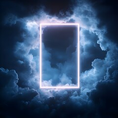 Wall Mural - Neon rectangle between colorful clouds