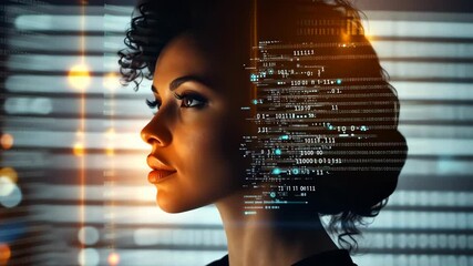 Poster - A woman thoughtfully gazes into the distance, with digital coding patterns overlaying her profile, symbolizing the intersection of technology and innovative business strategies driving success today