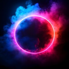 Wall Mural - Neon circle between colorful clouds