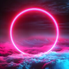 Wall Mural - Neon circle between colorful clouds
