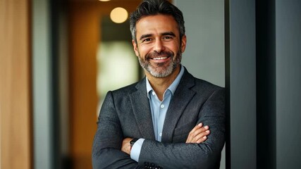 Poster - A smiling, middleaged businessman stands confidently with arms crossed in a modern office, exuding professionalism and assurance that inspires trust and fosters collaboration among colleagues