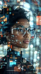 Poster - A focused businesswoman analyzes data in a futuristic setting, demonstrating the synergy of technology and industries, underscoring the importance of datadriven decisionmaking in business