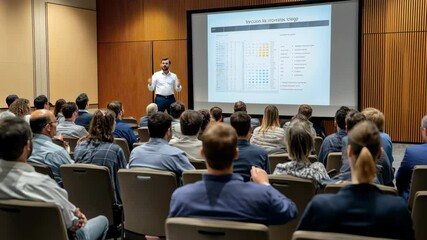 Poster - In a highly professional setting, a skilled speaker is presenting valuable data analytics insights to an engaged and attentive audience during an insightful technologyfocused conference event