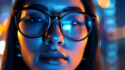 Poster - A poised businesswoman gazes thoughtfully into the future, set against a vibrant backdrop of glowing technology-inspired lights and bokeh effects, highlighting a blend of creativity and innovation.