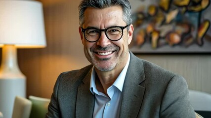 Poster - A confident man in a stylish blazer smiles as he skillfully works on his laptop in a modern office, combining business acumen with technology to boost productivity and pave his path to success